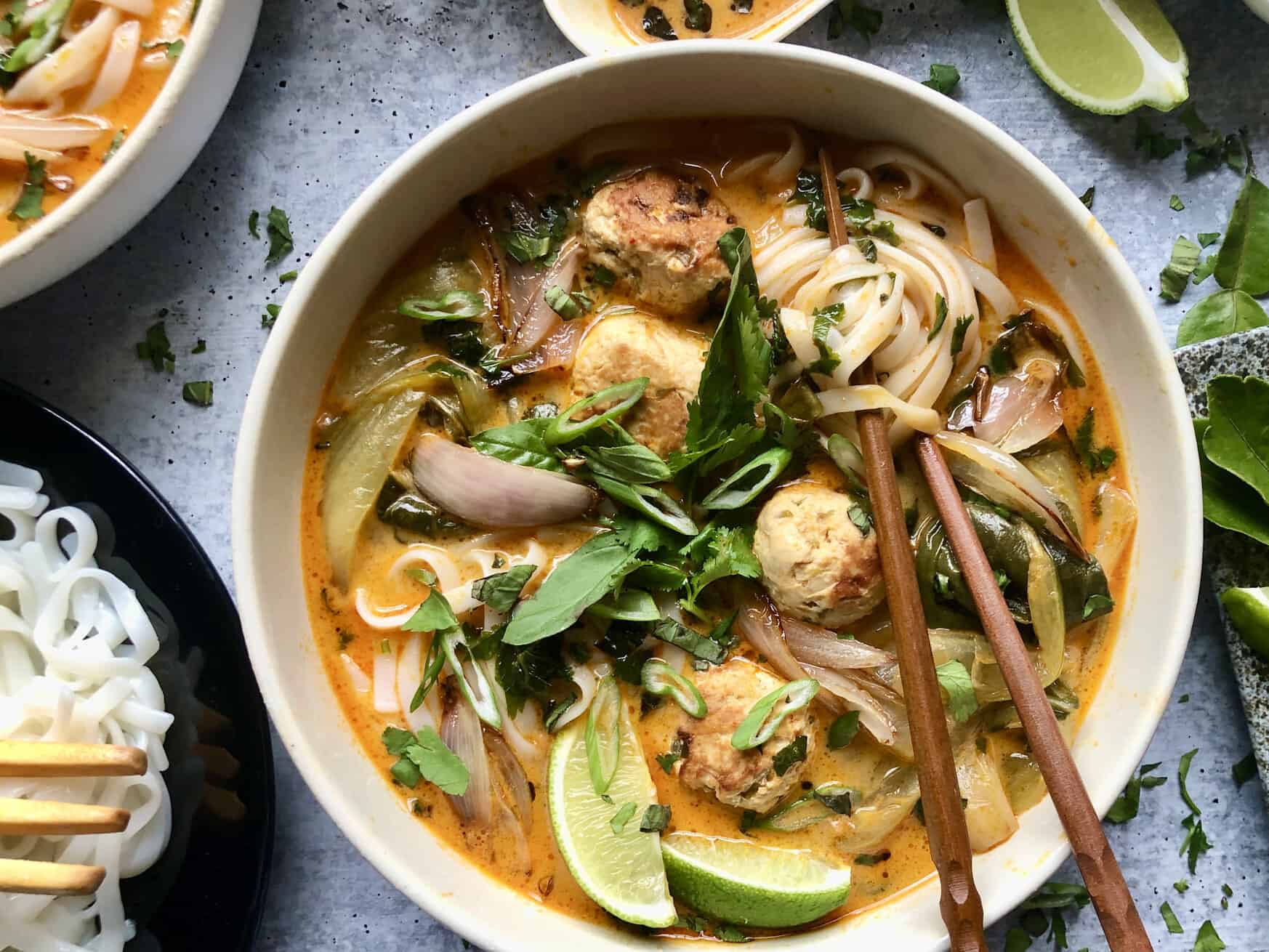 thai coconut curry noodle soup with chicken meatballs - a hint of rosemary